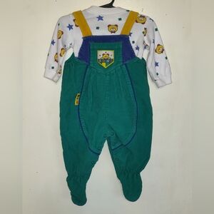 Vintage Baby Footed Corduroy 2pc Overalls Green Colorful 6-9 ms 90s